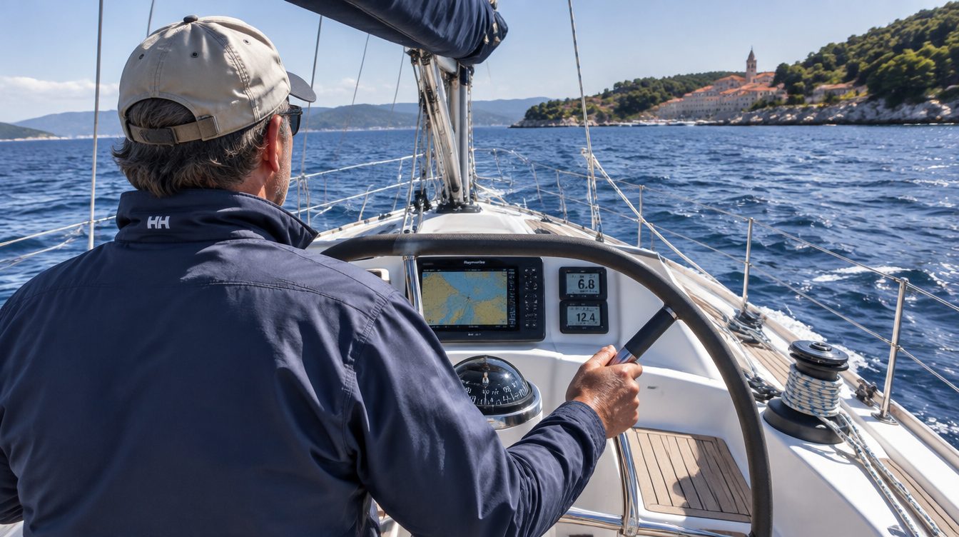 Segelyacht mit Skipper am Steuer vor der kroatischen Küste